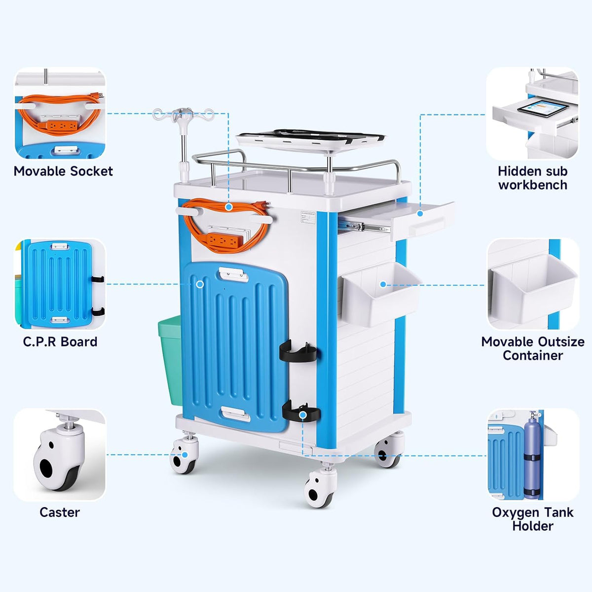 Medical Carts with Wheels, 5-Tier Drawers, Adjustable IV Pole, Silent Casters, Trash Bins, O2 Holder, Needle Disposal Holder & CPR Board, Rolling Crash Carts for Hospital Clinic