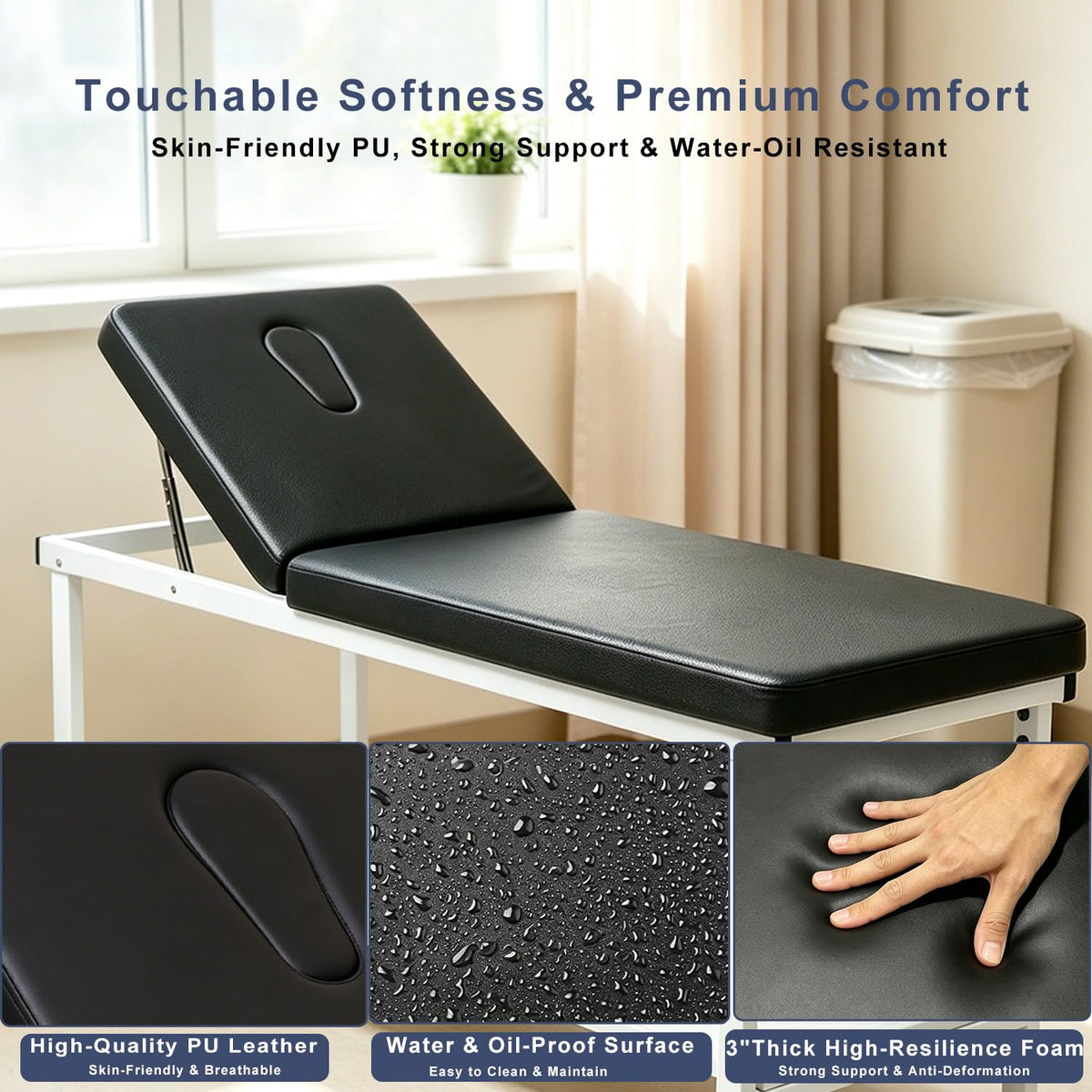 Adjustable Exam Table with Paper Roll Dispenser & Shelf, Physical Therapy Medical Exam Table, Patient Examination Bed, Durable, Low Maintenance and Holds Up to 400 Lbs (Black)