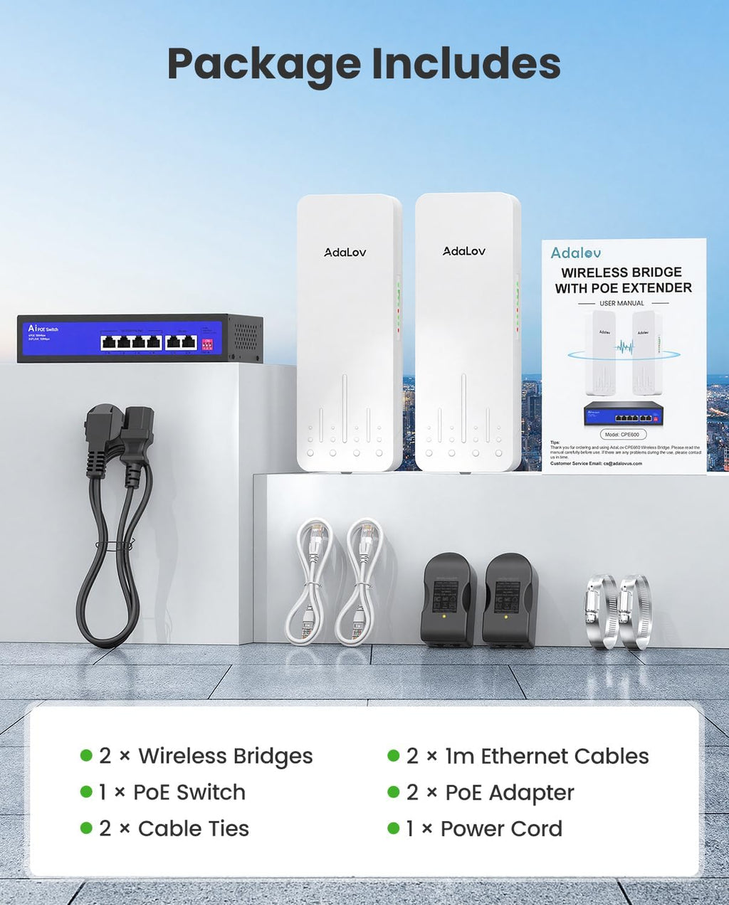 AdaLov 1.9-Mile 300Mbps 5.8GHz Outdoor Wireless Bridge Kit with PoE Switch