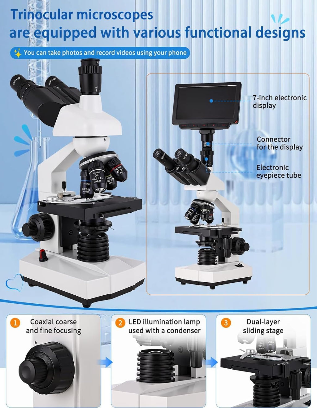 Microscope for Adult,with7'' HD Display,WF10&25X Eyepieces,40-5000X Magnification,Dual Mechanical Stages and Abbe Condenser,Includes 40 PCS Specimens,Suitable for Labs & Schools