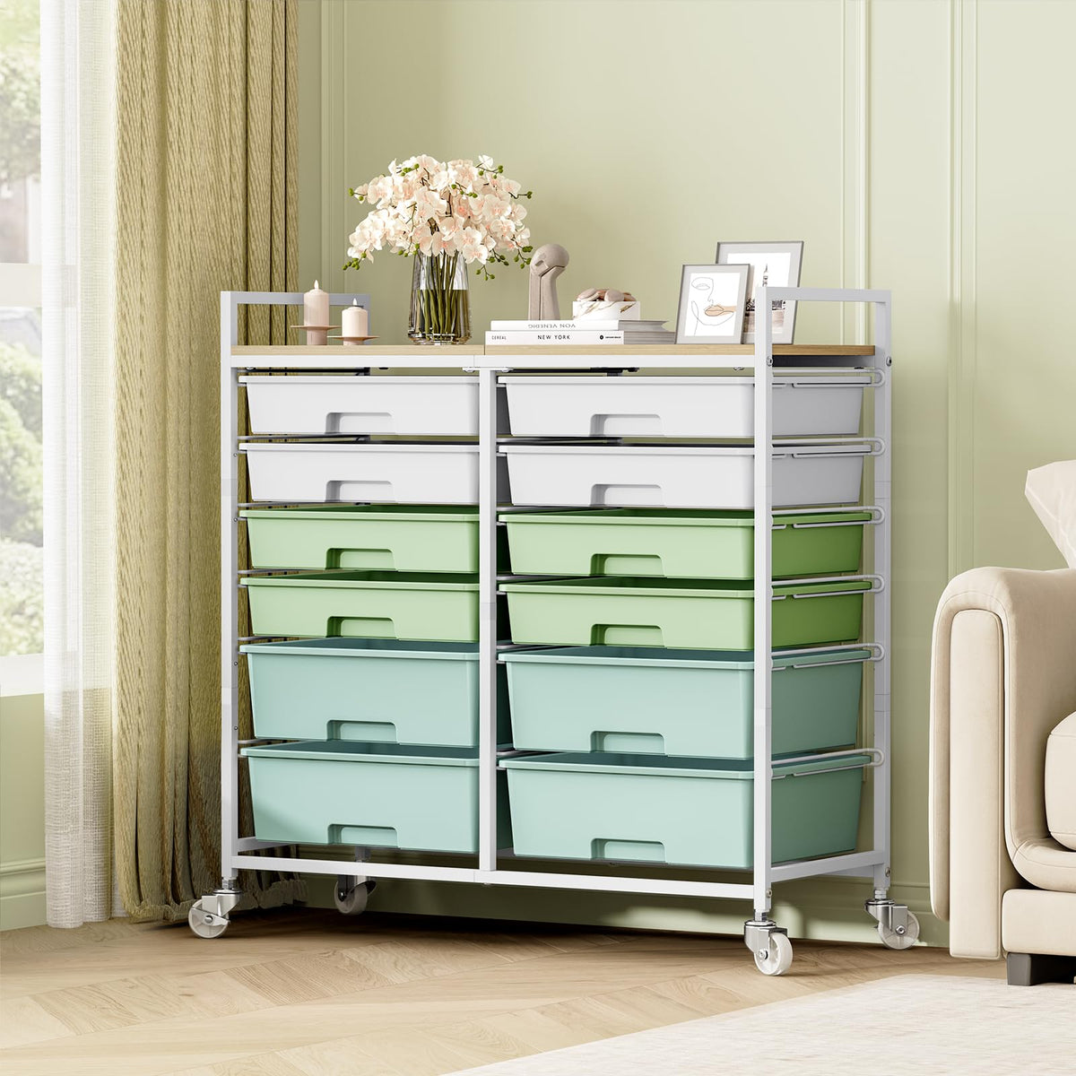TOOLF 12 Drawers Rolling Storage Cart with Wooden Top for Classroom,White