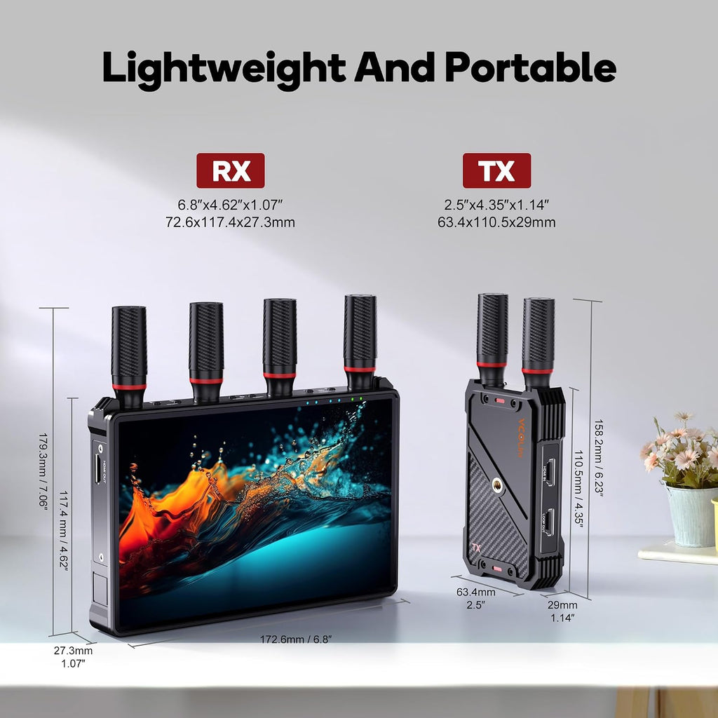 Wireless HDMI Video Transmitter and Receiver: 1 to 5 RX with 7" Monitors, Loop Out, IR Remote, 1312ft Stable Clear Signal & Low Latency for Camera, Filming, Live Stream