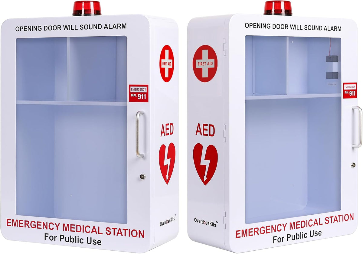 Emergency Medical Station â Wall Mount Cabinet for AEDs, Naloxone, Bleeding Control & First Aid Kits â Public Space Storage Solution â White (AED & Accessories Not Included)