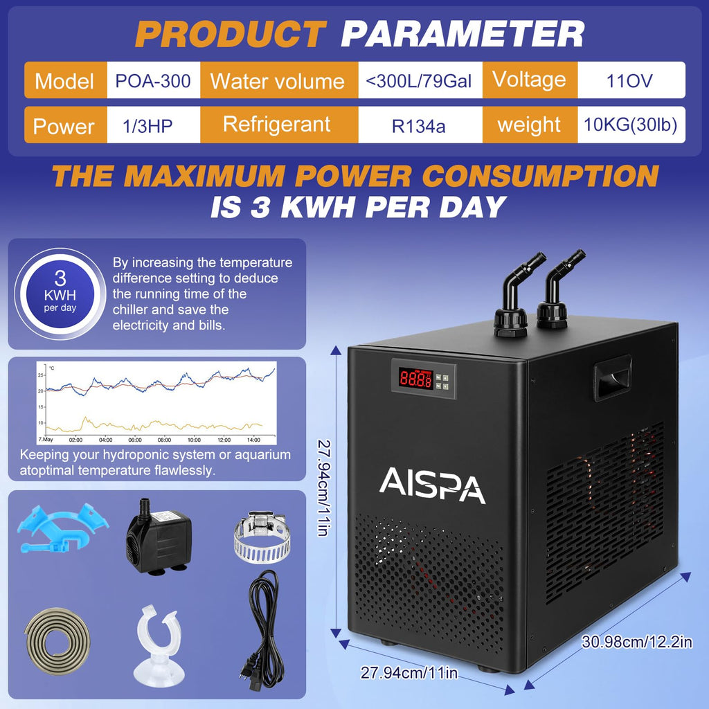 Aquarium Chiller 1/10 HP, 42GAL Fish Tank Water Chiller