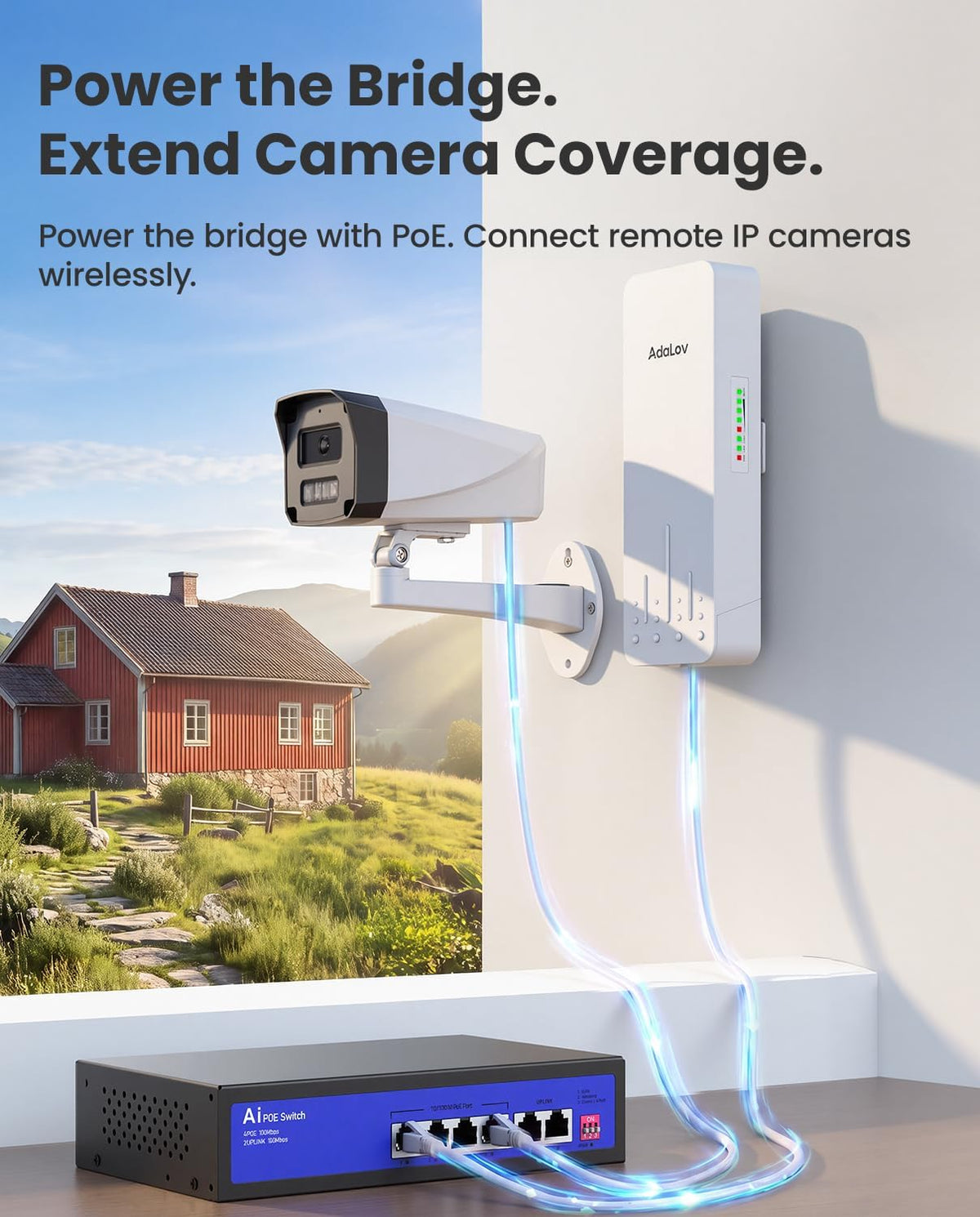AdaLov 1.9-Mile 300Mbps 5.8GHz Outdoor Wireless Bridge Kit with PoE Switch