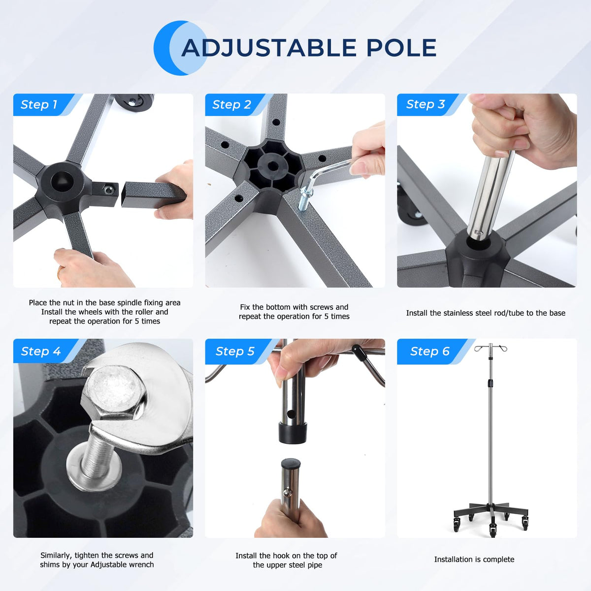 IV Poles with Wheels IV Stands 2 Hooks 5 Legs Rolling Base with Heavy Duty Stainless Steel, Adjustable Height,2PCS/2Pack