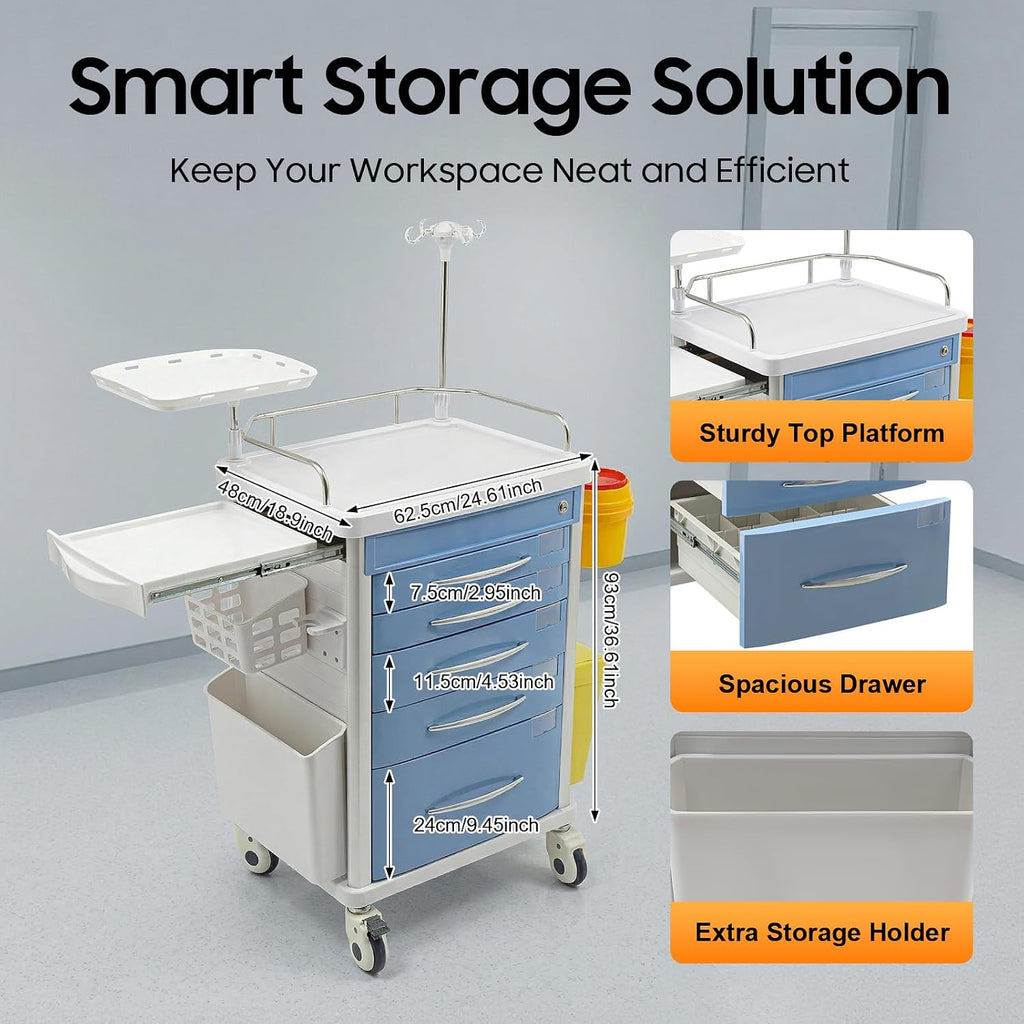 Medical Rolling Storage Crash Cart with Wheels & 5 Drawers, Hospital Mobile Ultrasound Med Cart with Power Strip, Needle Disposal,O2 Holder,Nursing Emergency Cart for Hospital, Clinic (Blue)