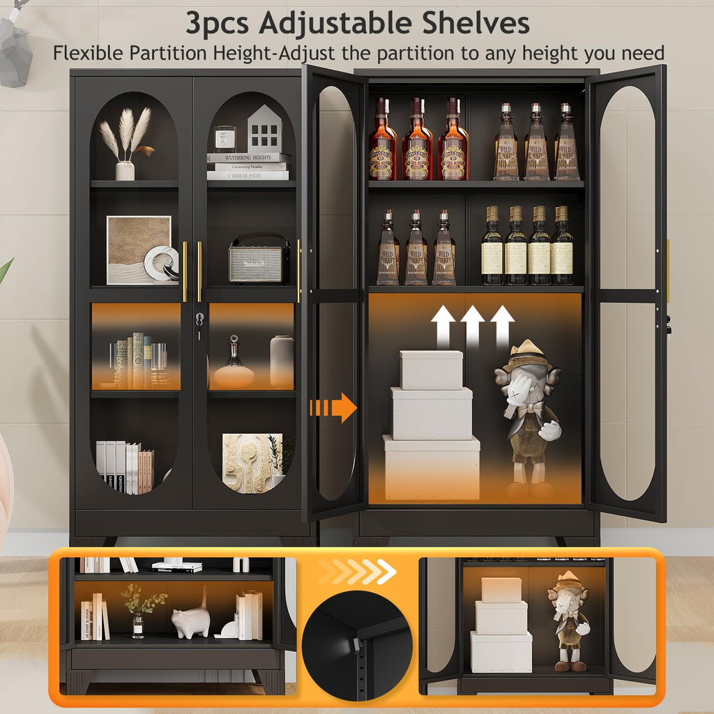PAOFIN 47" H Locking Display Cabinet with Glass Door, Metal Cabinets with 3 Adjustable Shelves, Cabinet Display Case for Living Room, Collectibles, Clinic, Home - Assembly Required White