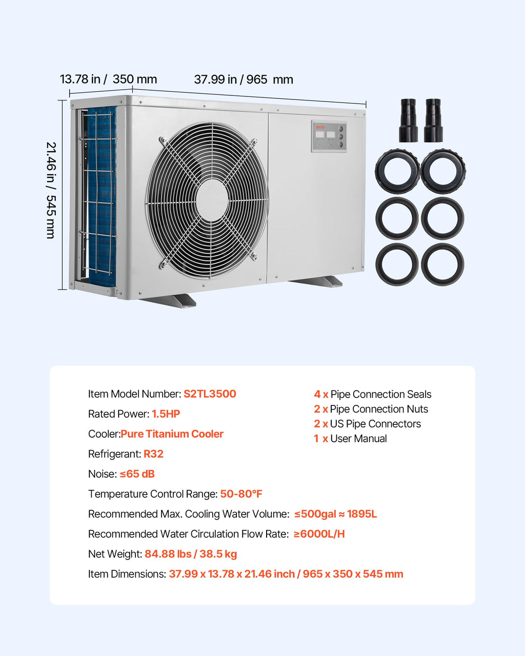 VEVOR Aquarium Chiller 150Gal 1/2HP Quiet Cooler with Titanium Evaporator