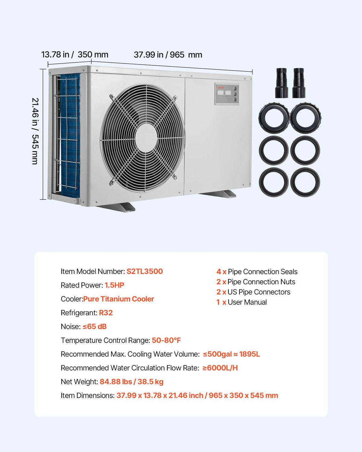 VEVOR Aquarium Chiller 150Gal 1/2HP Quiet Cooler with Titanium Evaporator