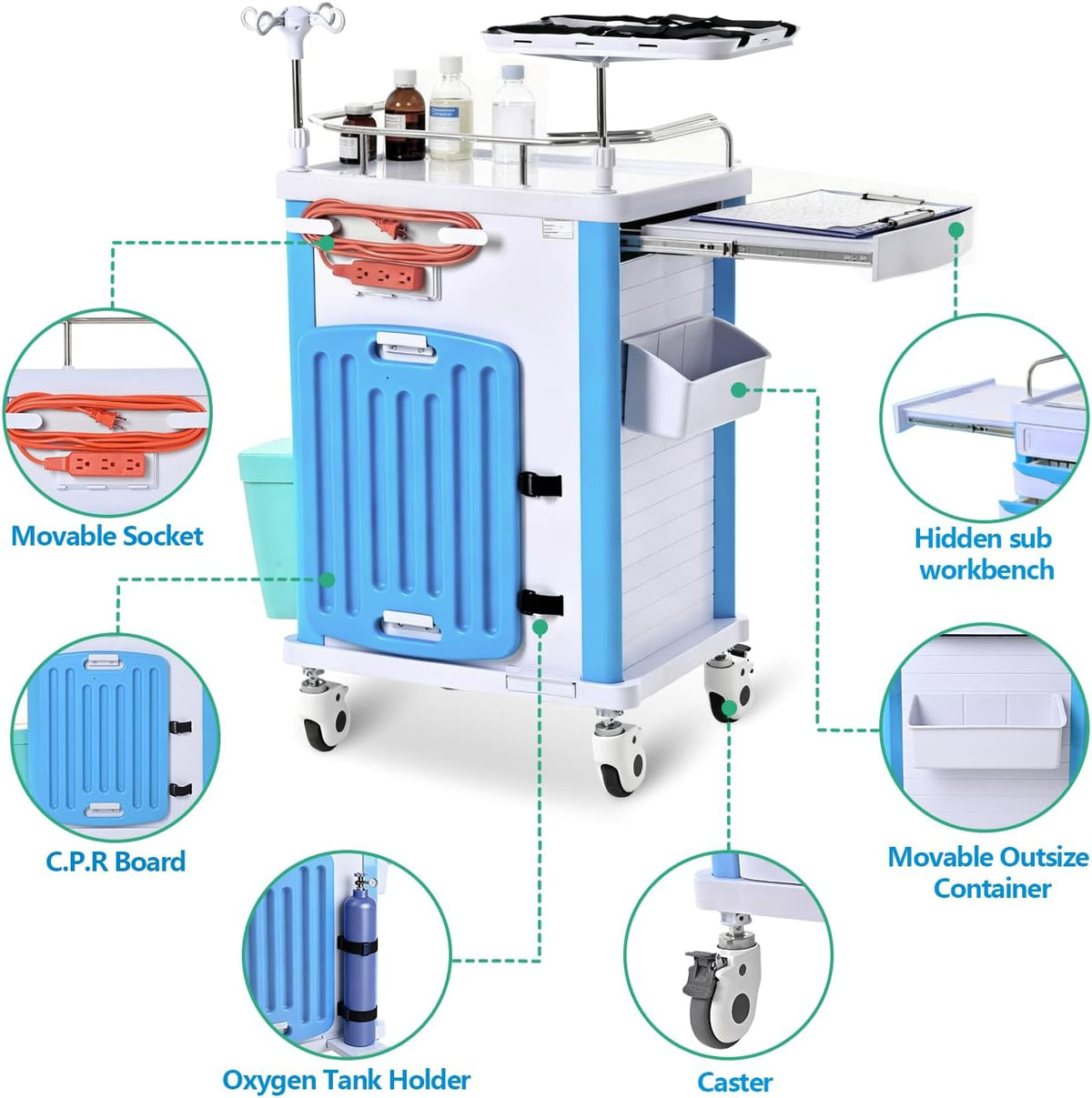 Medical Rolling Storage Crash Cart with Wheels & Drawers, Mobile Medical Cart with 5-Drawer, Medical Rolling Cart for Supplies, Nursing Emergency Cart for Hospital & Clinic, Adjustable IV Pole