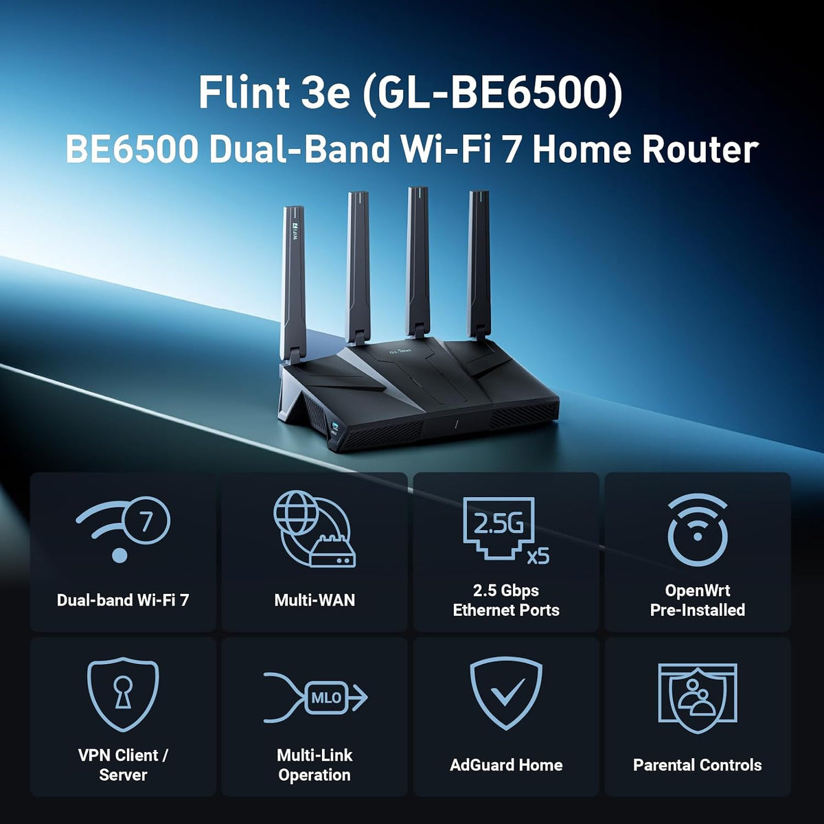 GL.iNet GL-BE6500 Flint 3e Wi-Fi 7 Router with VPN for Home and Gaming
