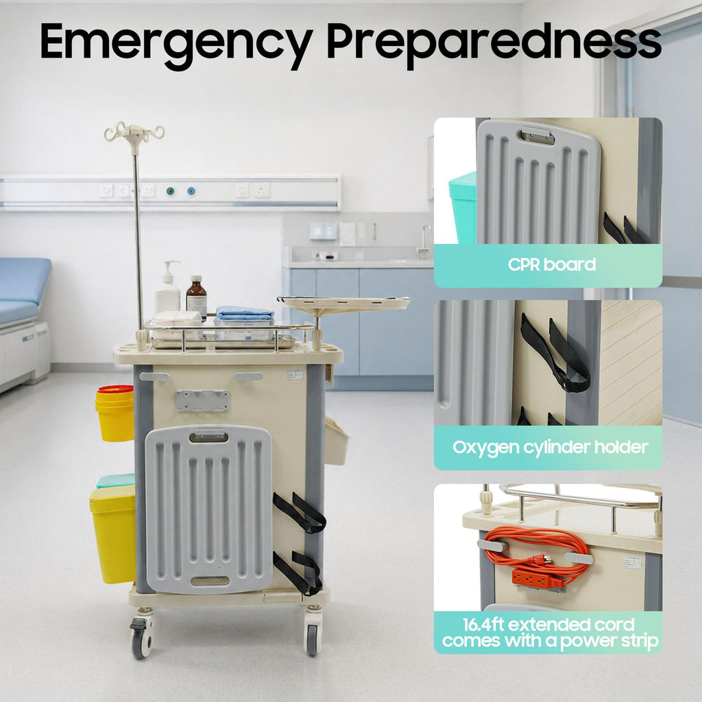 Medical Rolling Crash Cart with Accessories-CPR Board, 2 Trash Bin, Power Strip, Drawers with Dividers, Mobile Medical Cart for Clinic, Hospital, Nursing Center, Salon, 29.53 * 18.7 * 37.4in (Red)