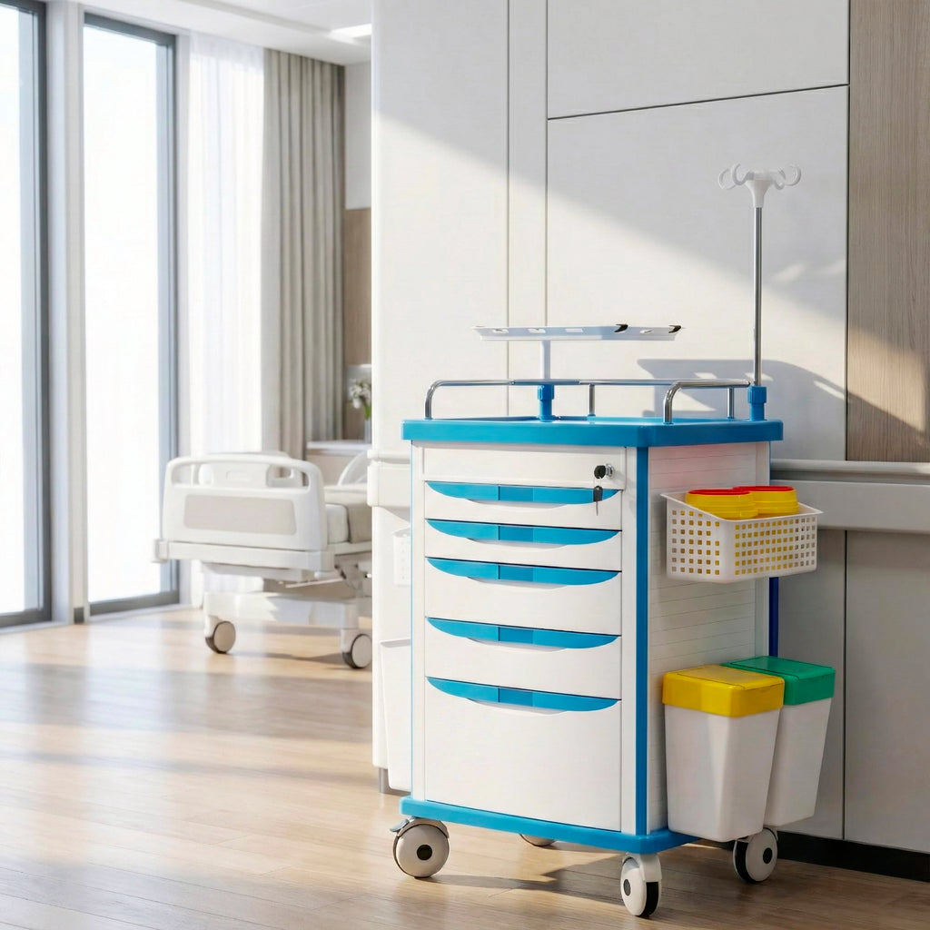 Medical Rolling Storage Crash Cart with Wheels, 5-Tier Medical Cart with Drawers, Adjustable IV Pole, Trash Bin & O2 Holder, Needle Disposal Holder, Silent Casters, Ideal for Hospitals (Grey)