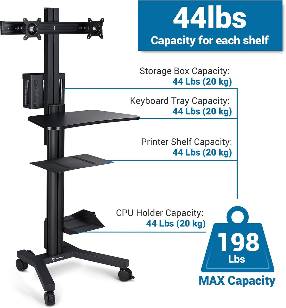 AW NexusX Commander Mobile Computer Cart Medical Rolling PC Stand Desk