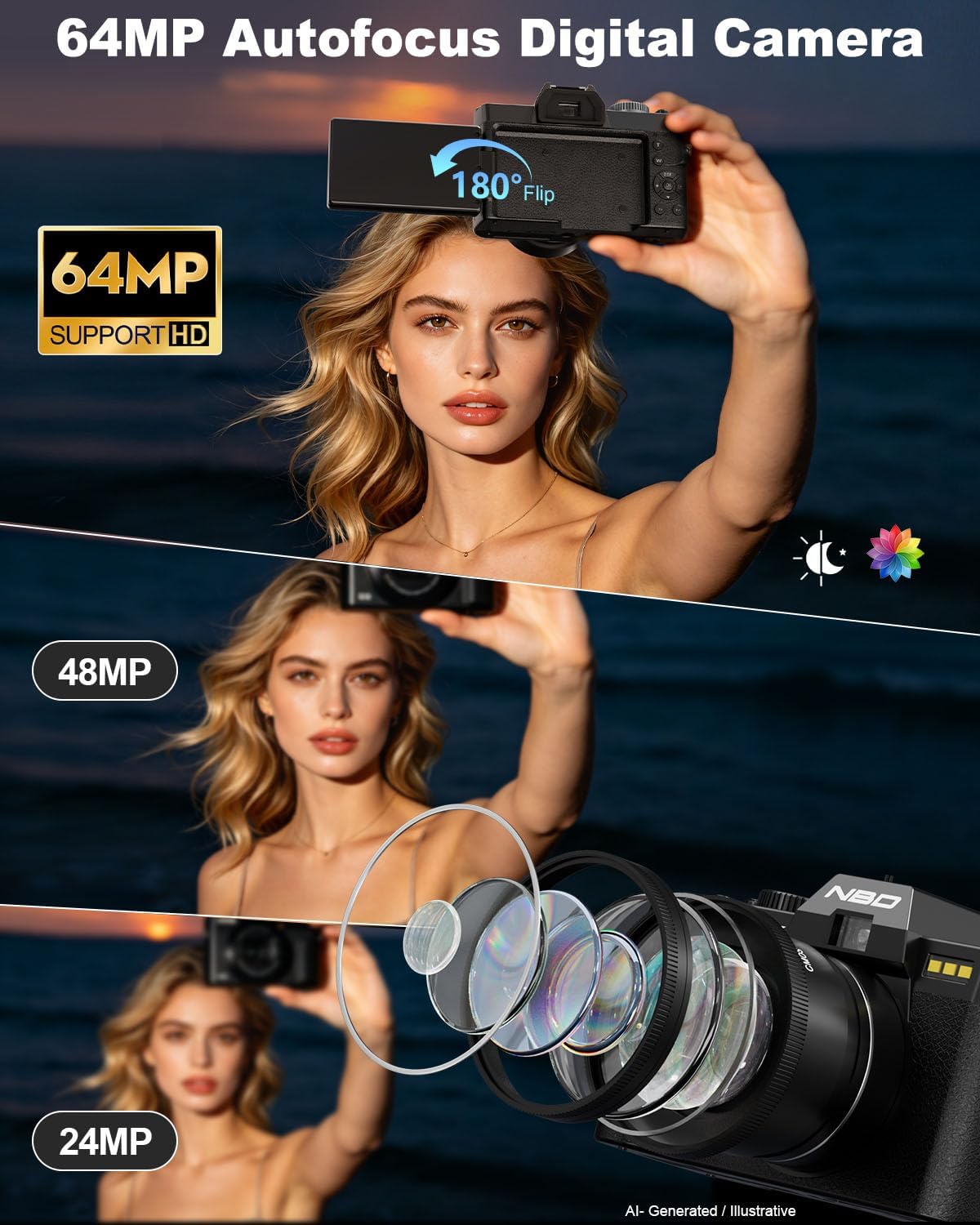 True 8K 64MP Digital Camera for Photography with Microphone(Black)