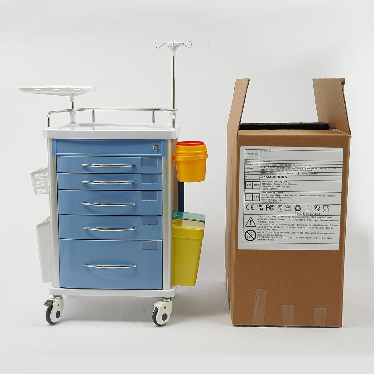 Medical Rolling Crash Cart, Medical Trolley 5 Drawers and Power Strip, Mobile Medical Cart for Clinic, Hospital, Nursing Center, Lockable Storage, Safety Retention Straps, Tag Slots (Blue)