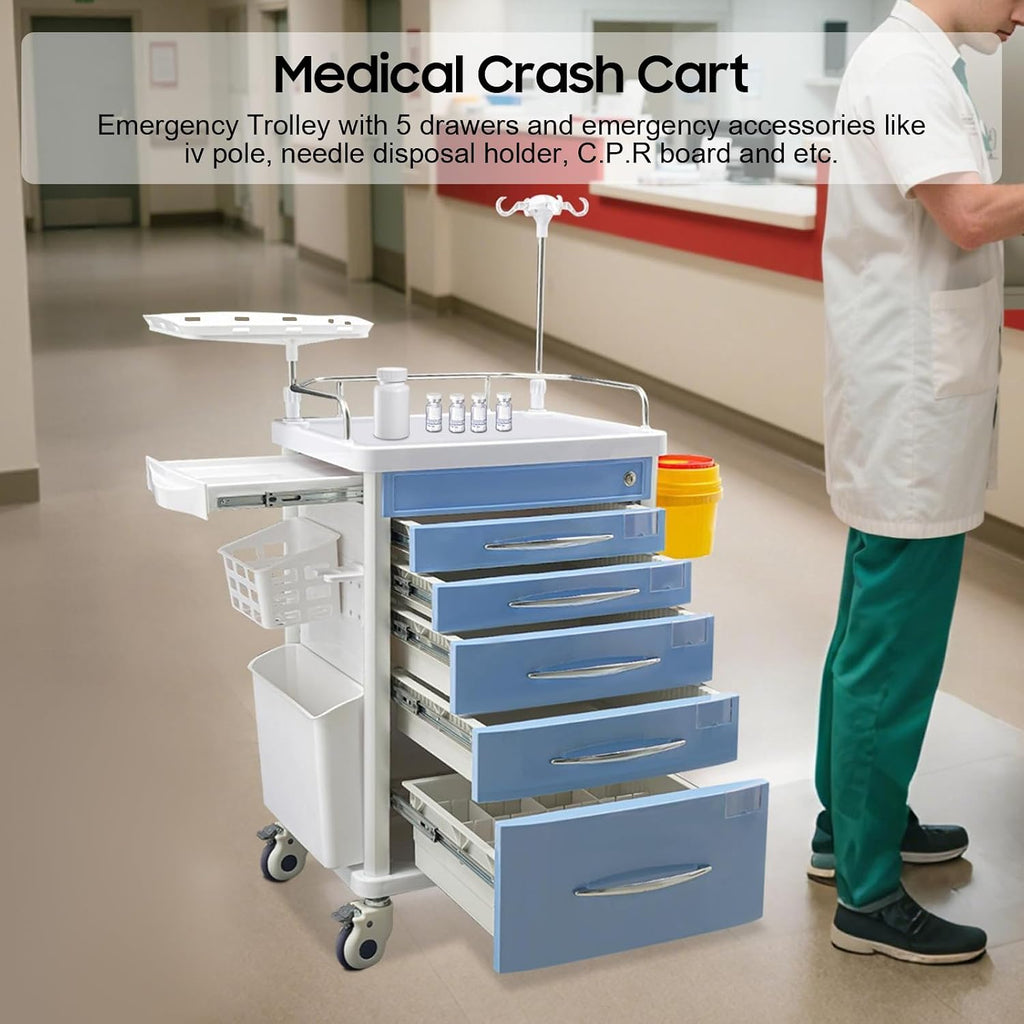 Medical Rolling Storage Crash Cart with Wheels & 5 Drawers, Hospital Mobile Ultrasound Med Cart with Power Strip, Needle Disposal,O2 Holder,Nursing Emergency Cart for Hospital, Clinic (Blue)