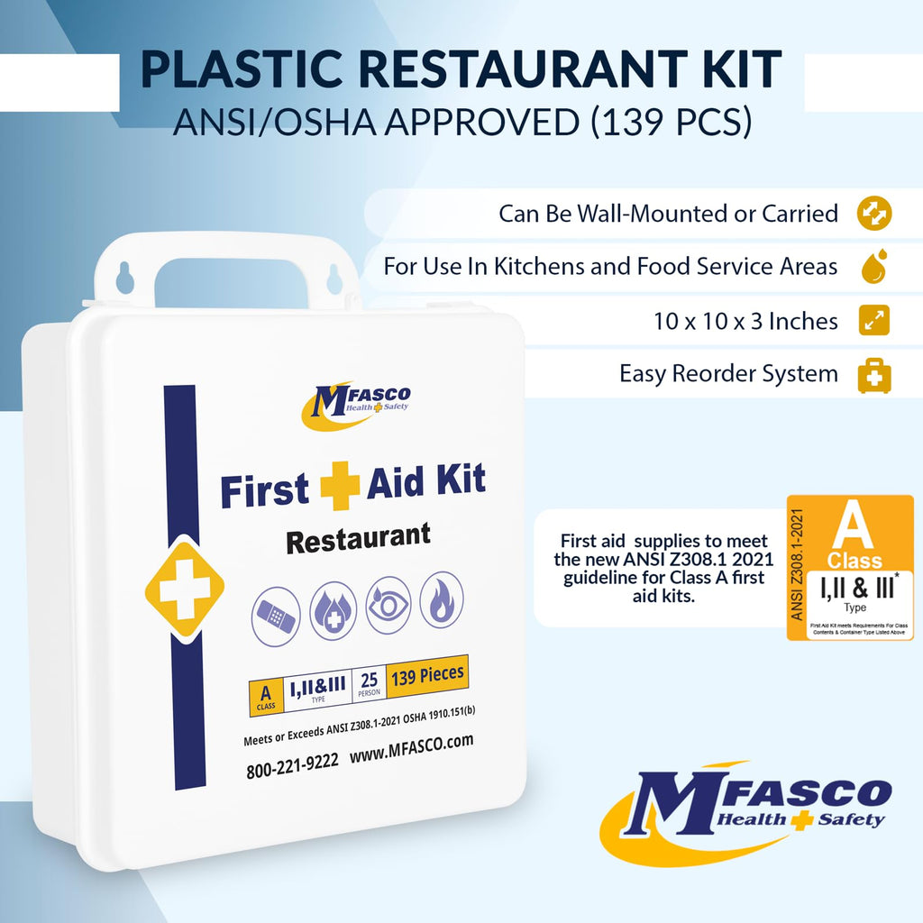 MFASCO Restaurant First Aid Kit - 2 Shelf Metal Cabinet, OSHA 2021 Class A