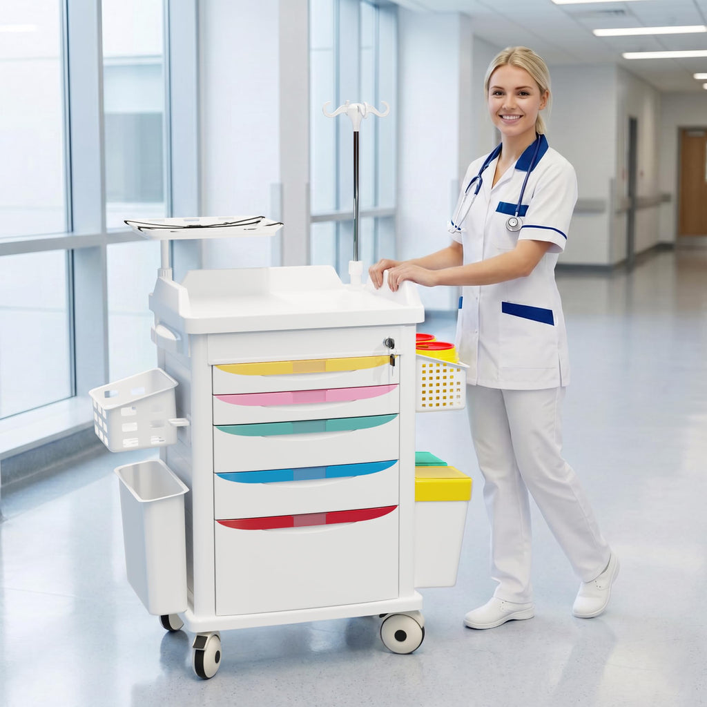 Medical Rolling Storage Crash Cart with Wheels, 5-Tier Medical Cart with Drawers, Adjustable IV Pole, Trash Bin & O2 Holder, Needle Disposal Holder, Silent Casters, Ideal for Hospitals (Grey)