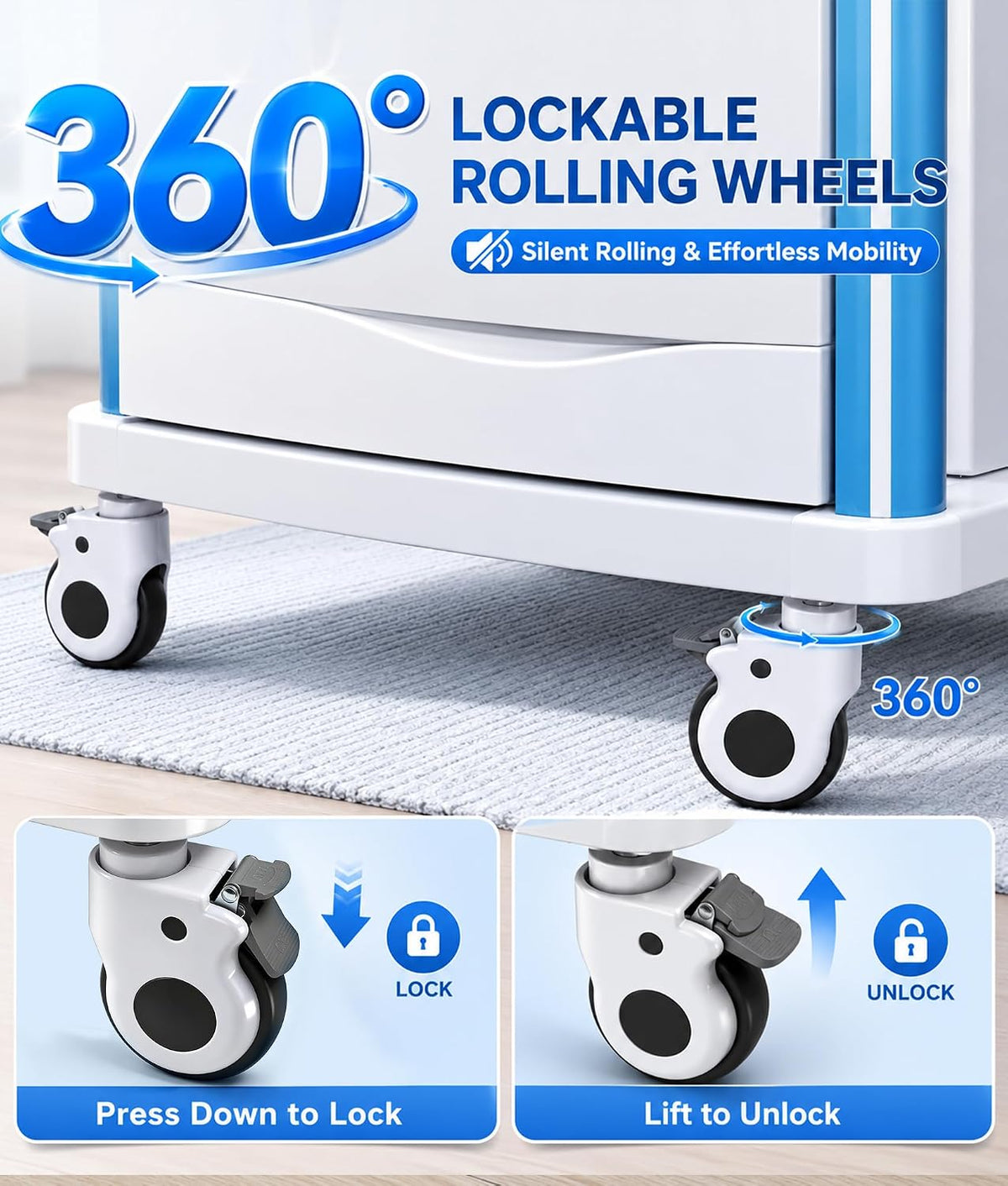 Medical Crash Cart Rolling Emergency with 5 Drawers & Wheels, Mobile Nursing Cart Featuring Power Strip, Hospital Ultrasound cart with IV Pole, Needle Disposal, O2 Holder for Hospital & Clinic
