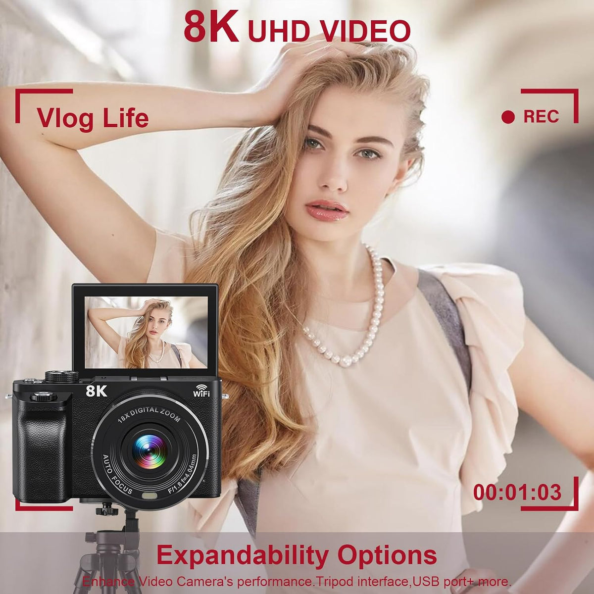 8K Digital Camera WiFi - 88MP Vlogging Cameras for Photography with 3" 180Â° Flip Screen 18X Zoom - UHD Video Camara for YouTube - Autofocus Travel Camera with Lens Hood, Memory Card, Flash