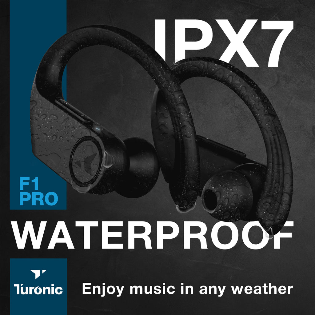 F1 IPX7 Headphones 45H Turonic True Earphones Pro Playtime, Wireless with Sport for - Charging Wireless - - Earbuds Black Gym, - w/Microphone Running, case, Earhook Waterproof Workout Mic, Bluetooth