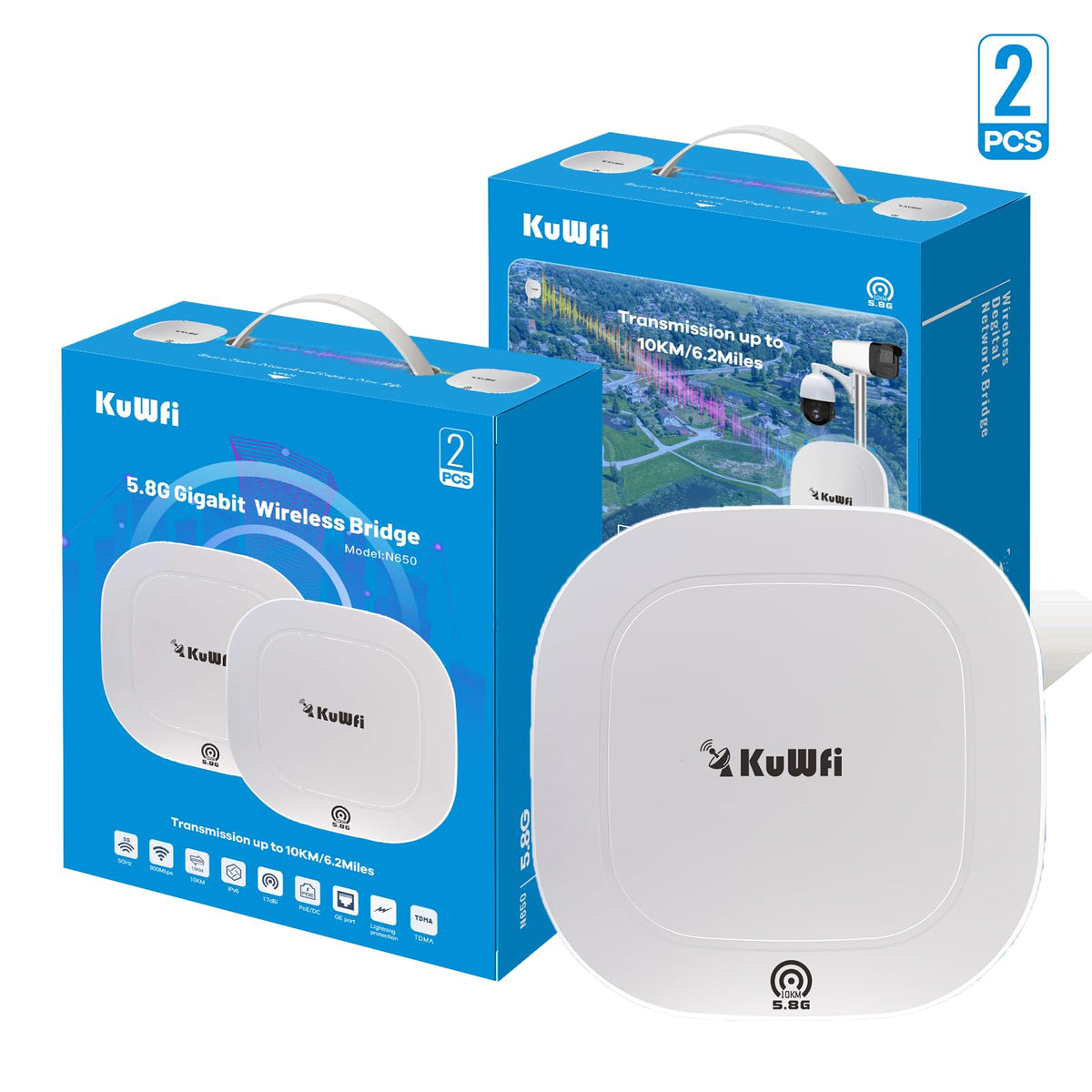 Outdoor Wireless Bridge, KuWFi 5.8G 3KM Transmission WiFi Point to Point Wireless Ethernet Bridge Router, with 3 RJ45 LAN Ports, Pre-Program, 48V PoE, 2-Packs