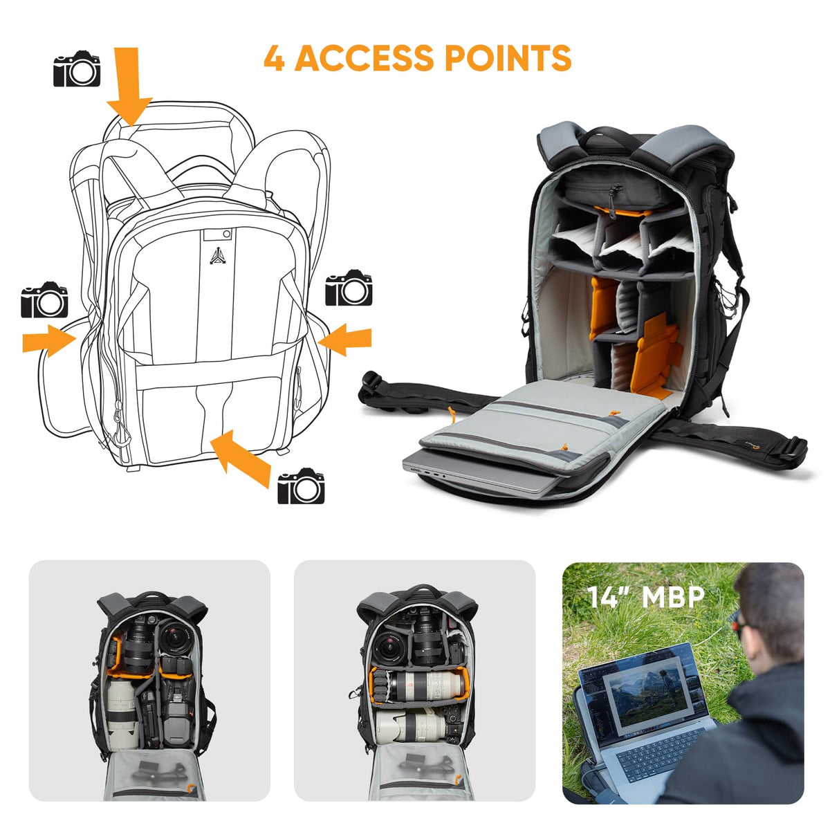 Lowepro ProTactic BP 450 AW III Camera Backpack, 4-point Access, Professional Camera Bag, DSLR/Drones/Mirrorless, Up to 16" Laptop, Rain Cover, for Photographer,Videographer, Volume 28L