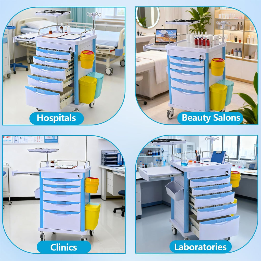 Medical Rolling Storage Crash Cart with Wheels & Drawers, Mobile Medical Cart with 5-Drawer, Medical Rolling Cart for Supplies, Nursing Emergency Cart for Hospital & Clinic, Adjustable IV Pole