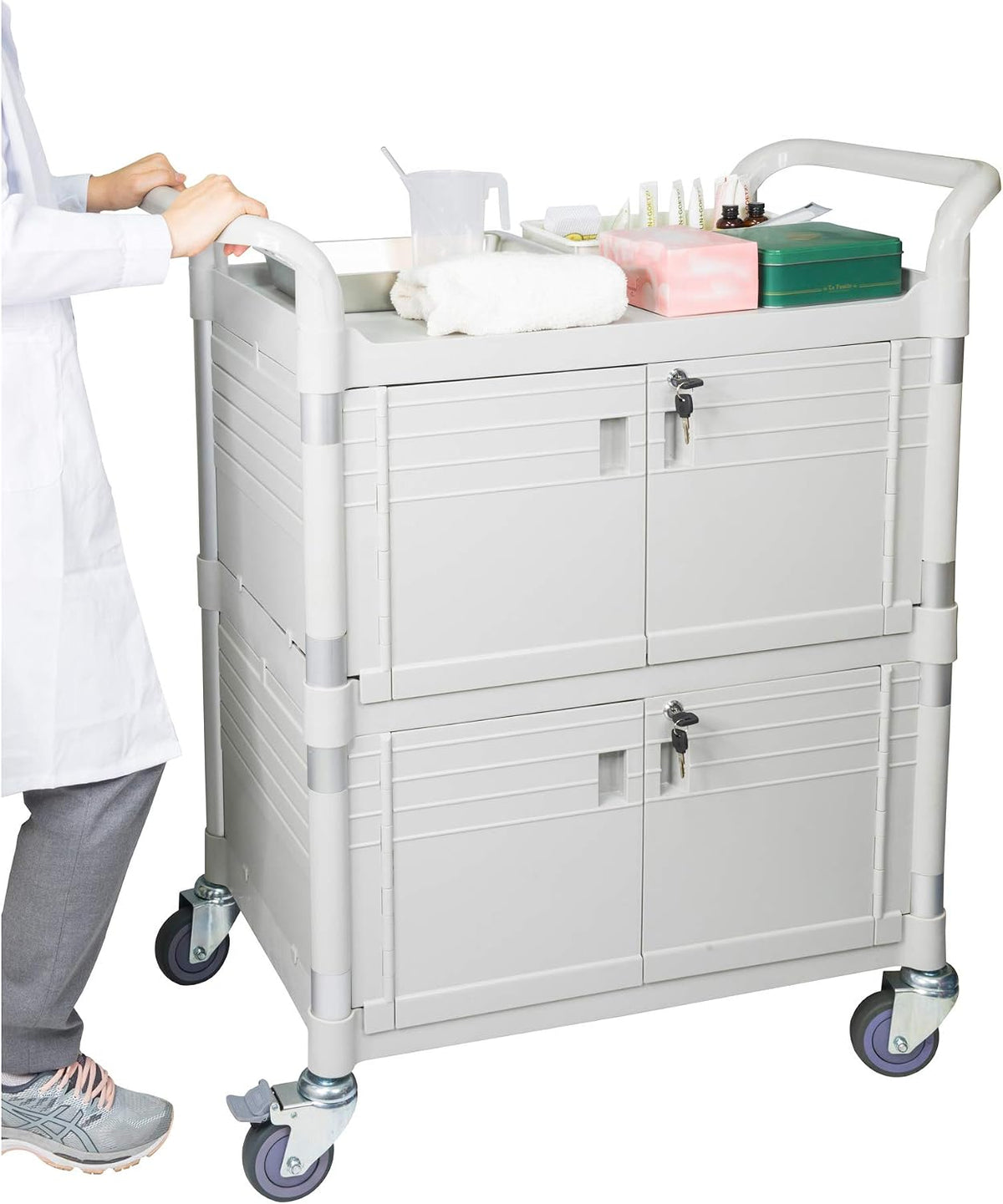 JaboEquip Larger Commercial Heavy Duty Hospital Cart, Lockable Medical Cart with 2 Doors for Hospital Clinic Medical Healthcare, JBG-3D2, Off-White