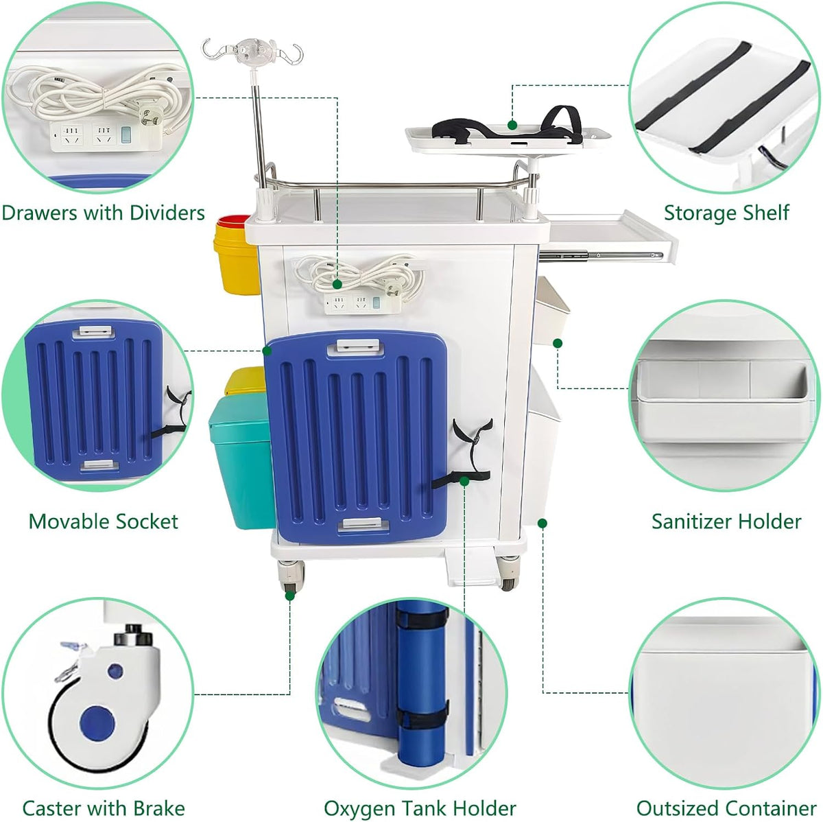 Medication Cart with Lock, 5 Drawer Medical Crash Cart on Wheels w/ IV Pole