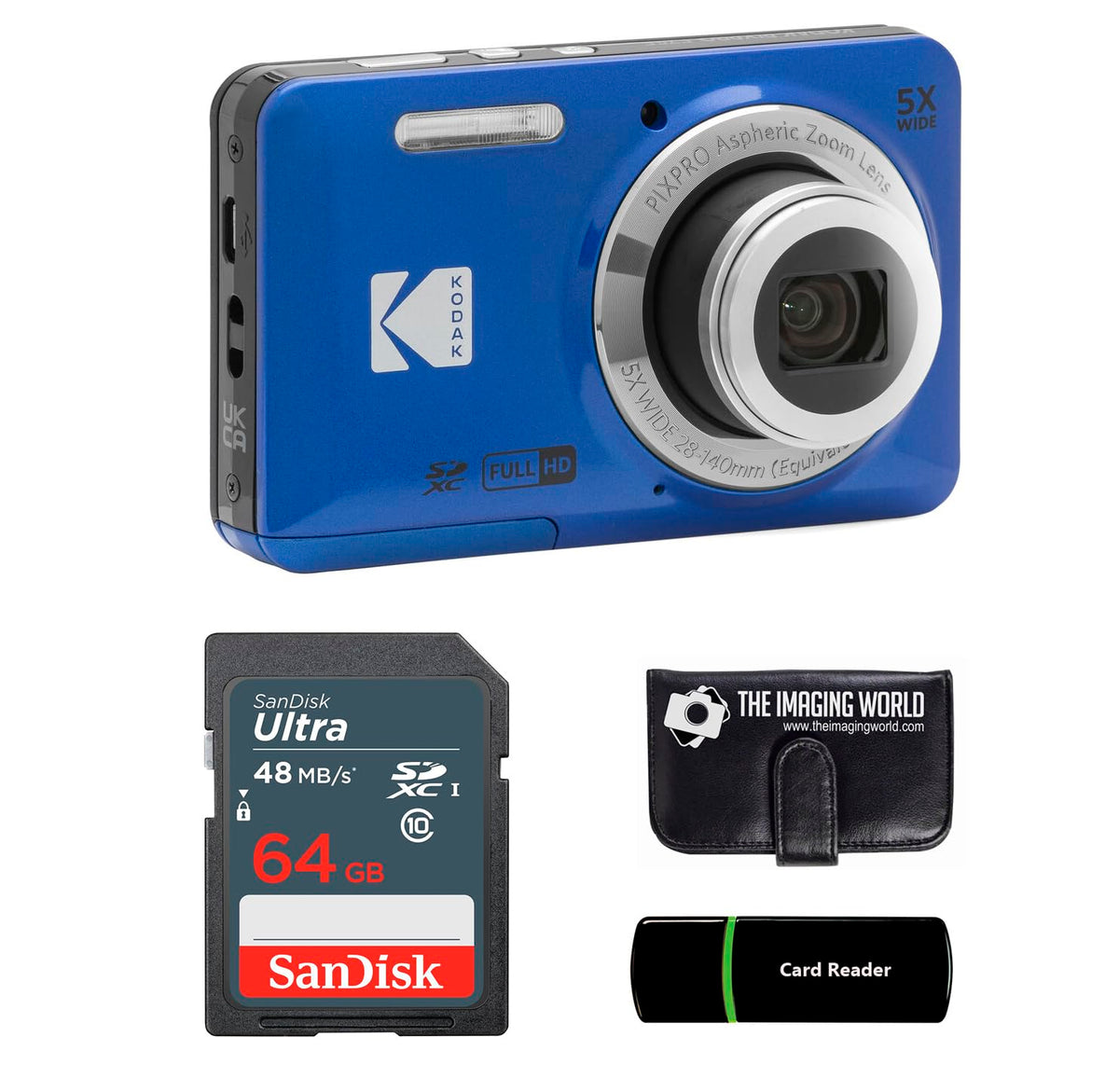 Kodak PIXPRO FZ55 Black 16MP Digital Camera 5X Optical Zoom 28mm Wide Angle 1080P Full HD Video 2.7" LCD Camera + 64GB Card and Reader + Memory Wallet