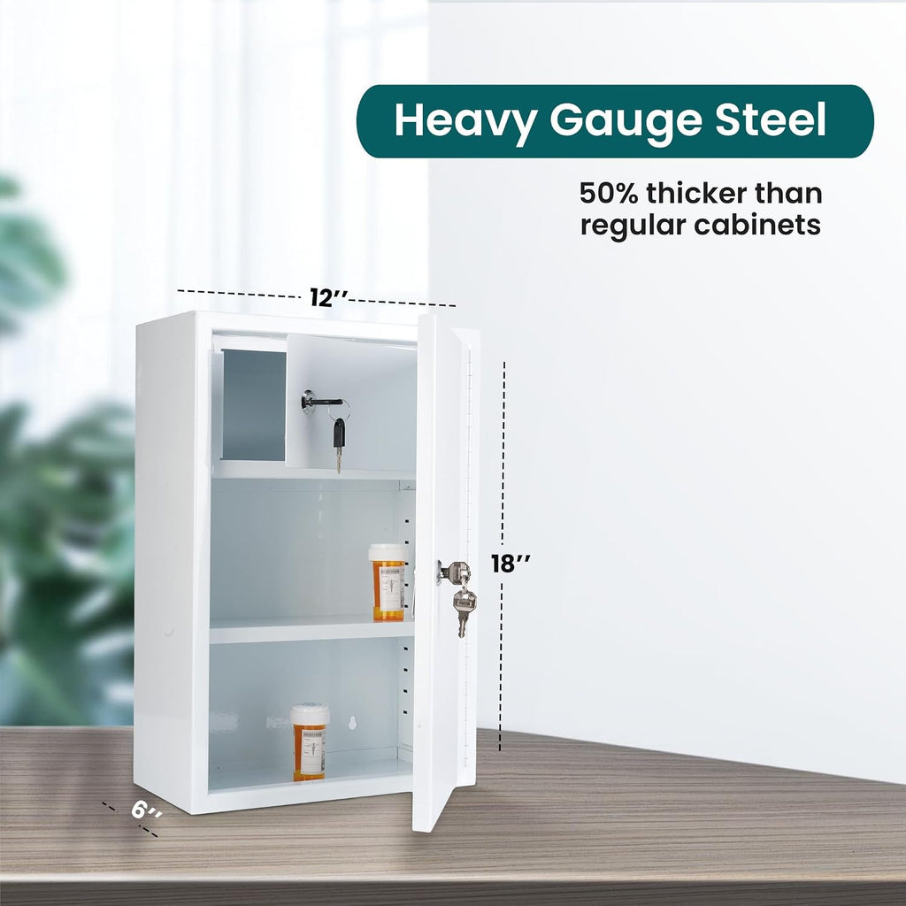 Double Locking Medicine Cabinet, Metal, 12" W x 18" H x 6" D