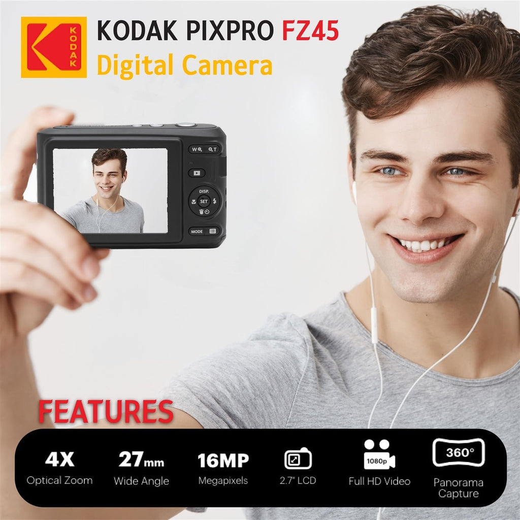 KODAK PIXPRO FZ45 16MP Digital Camera with 4X Optical Zoom 27mm Wide Angle and 2.7" LCD Screen Bundle with 32GB SD Memory Card, AA Batteries (4 Pack), Lens Cleaning Cloth (Red)