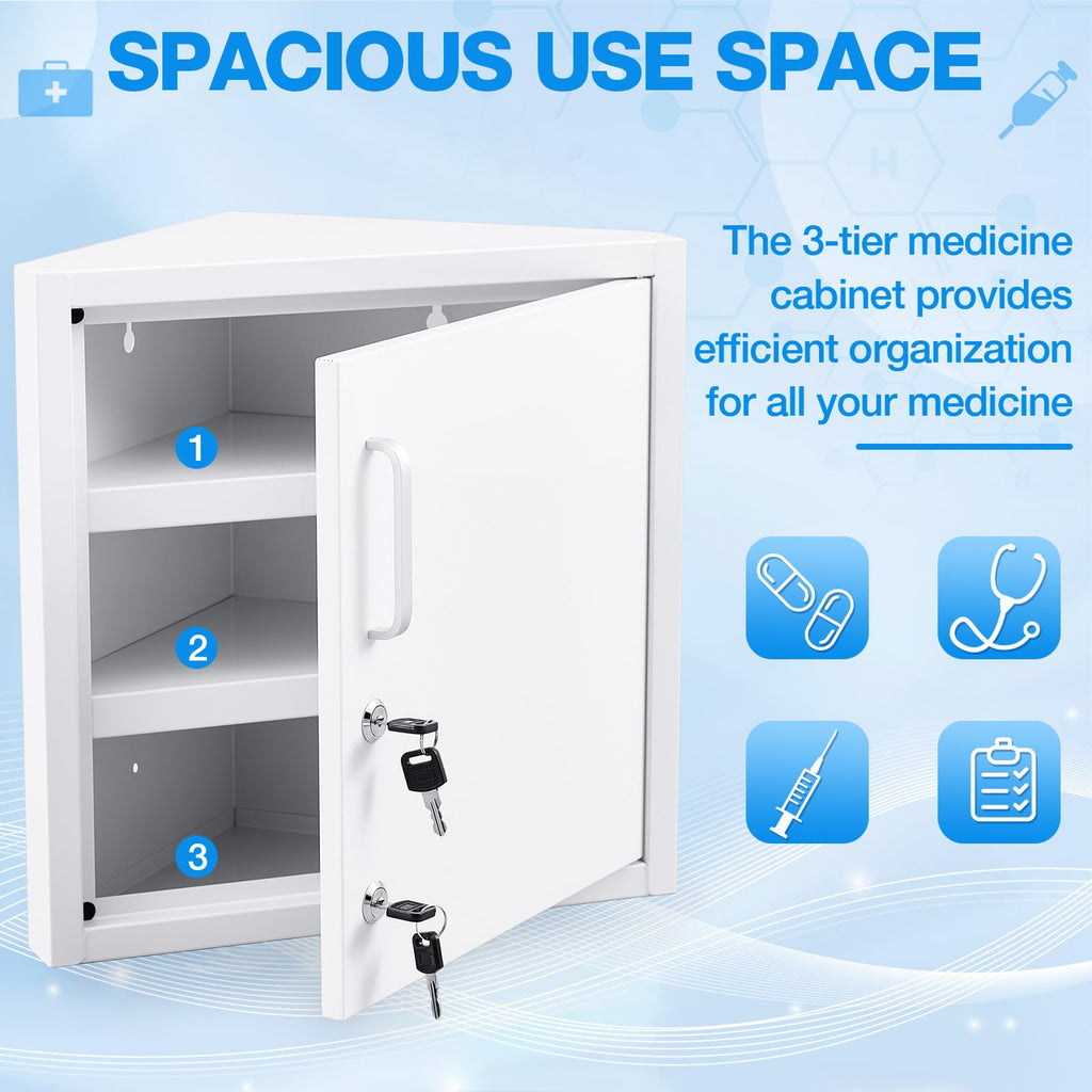 Zonon Corner Wall Cabinet with Lock, White, 21 x 16 x 6 Inch, Right Angle