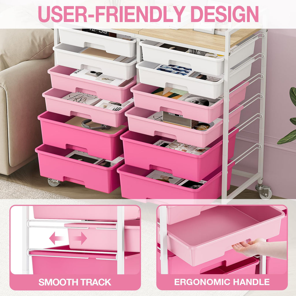 TOOLF 12 Drawers Rolling Storage Cart with Wooden Top for Classroom,White