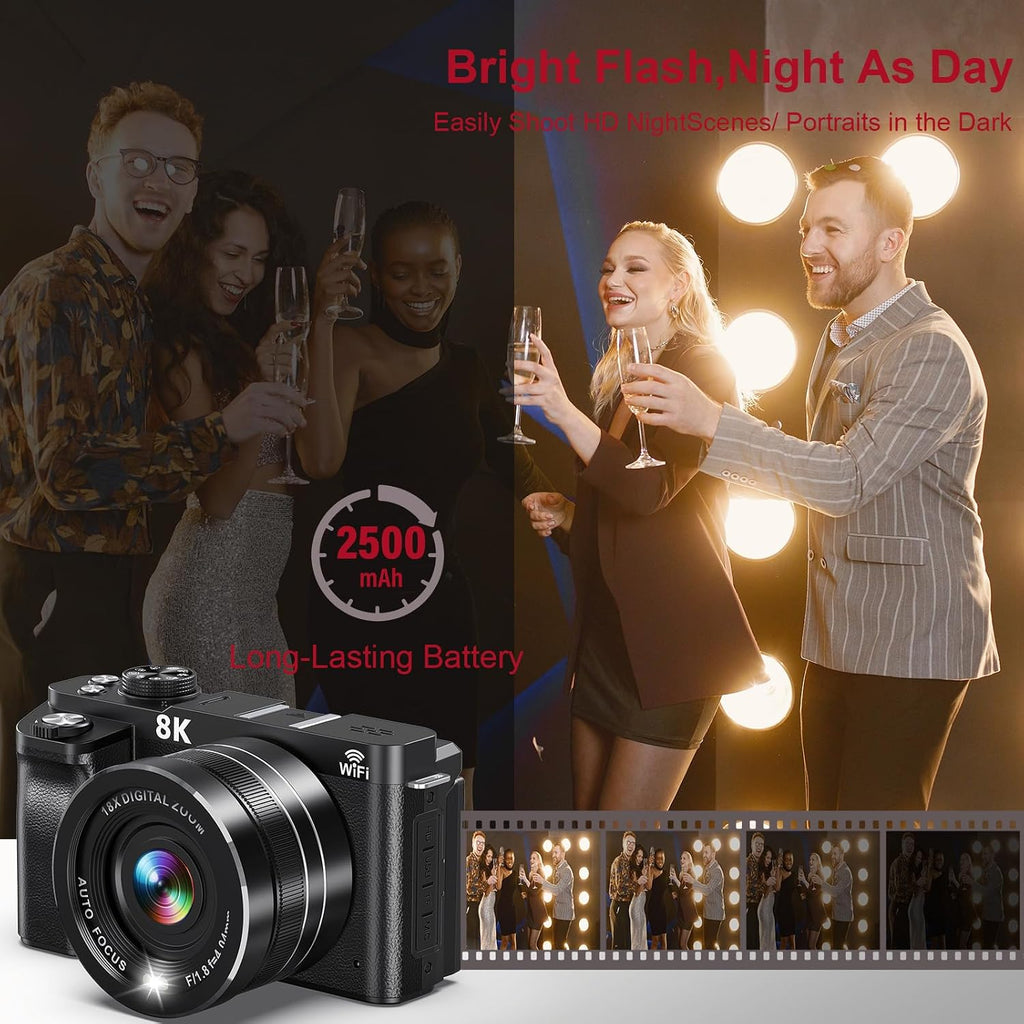 8K Digital Camera WiFi - 88MP Vlogging Cameras for Photography with 3" 180Â° Flip Screen 18X Zoom - UHD Video Camara for YouTube - Autofocus Travel Camera with Lens Hood, Memory Card, Flash