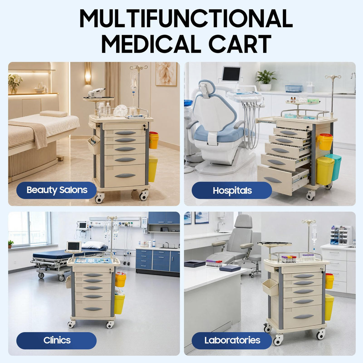 Medical Rolling Crash Cart with Accessories-CPR Board, 2 Trash Bin, Power Strip, Drawers with Dividers, Mobile Medical Cart for Clinic, Hospital, Nursing Center, Salon, 29.53 * 18.7 * 37.4in (Red)