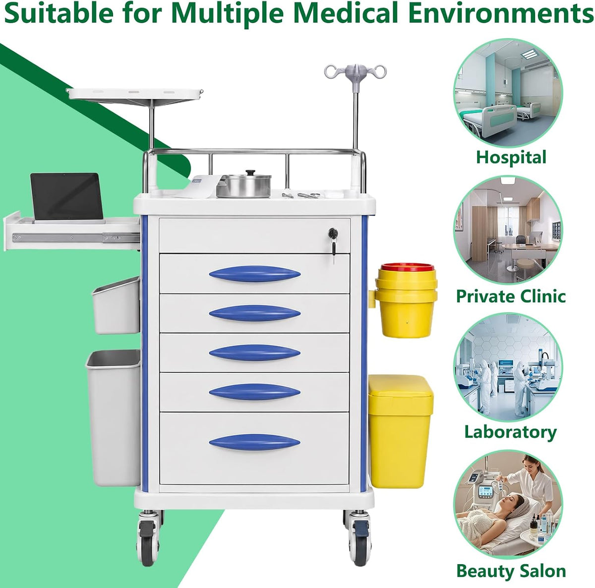 Medication Cart with Lock, 5 Drawer Medical Crash Cart on Wheels w/ IV Pole