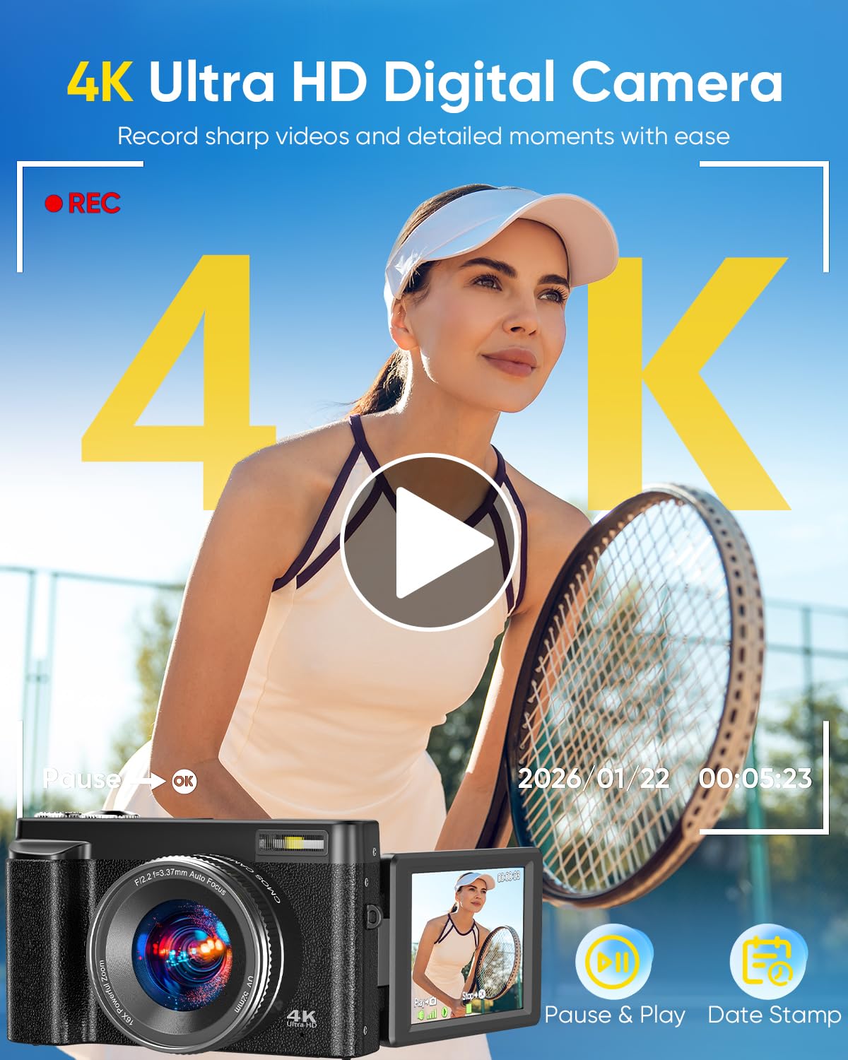 2026 Upgraded 64MP Digital Camera 4K WiFi 180Â° Flip Screen Autofocus, White