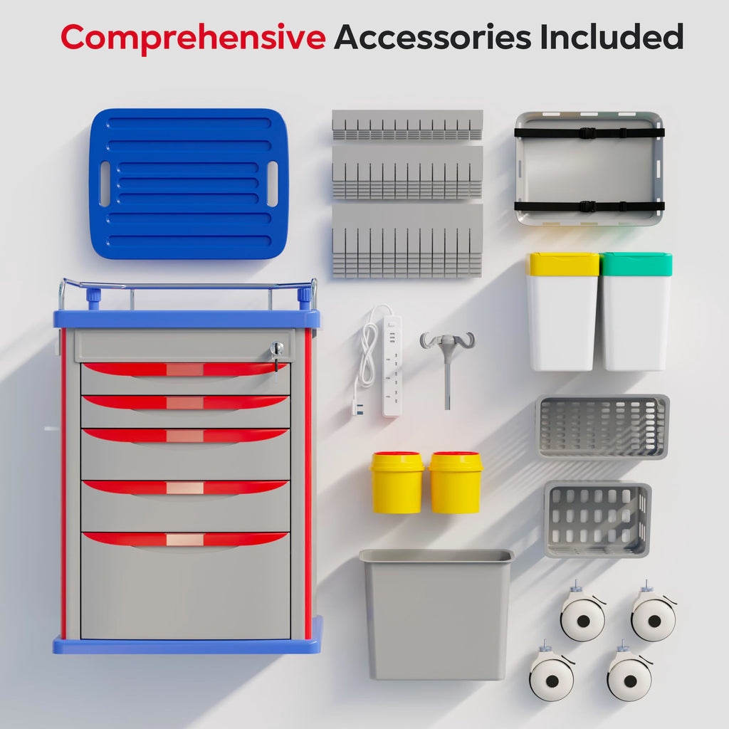 Medical Rolling Storage Crash Cart with Wheels, 5-Tier Medical Cart with Drawers, Adjustable IV Pole, Trash Bin & O2 Holder, Needle Disposal Holder, Silent Casters, Ideal for Hospitals (Grey)