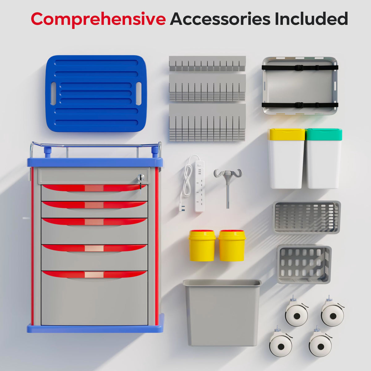 Medical Rolling Storage Crash Cart with Wheels, 5-Tier Medical Cart with Drawers, Adjustable IV Pole, Trash Bin & O2 Holder, Needle Disposal Holder, Silent Casters, Ideal for Hospitals (Grey)