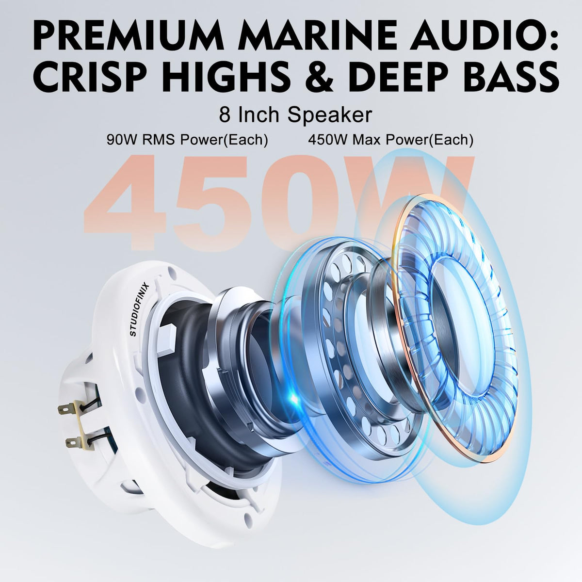 STUDIOFINIX 5.25 Inch 500W Bluetooth Marine Speakers with LED Lights -2 Way Weather Resistant Boat Speakers Perfect for Boats, ATVs, UTVs ï¼Pair,Whiteï¼