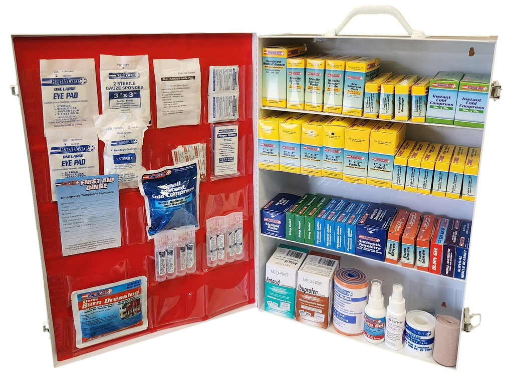 Rapid Care First Aid 80098 3 Shelf All Purpose First Aid Kit Cabinet, Class A+, Exceeds OSHA/ANSI Z308.1 2015, Wall Mountable