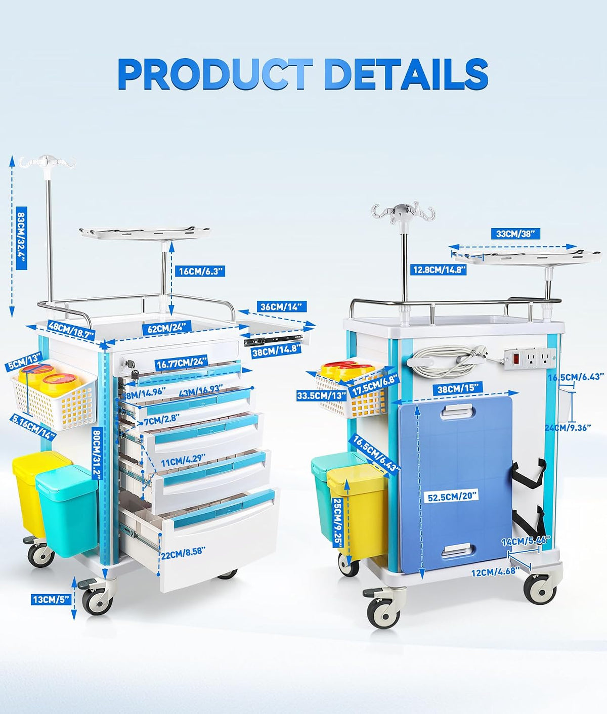 Medical Medical Rolling Crash Cart with CPR Board, IV Pole, Oâ Holder, 5 Drawers & Dividers, Mobile Emergency Cart for Hospital Clinic, 24.4" W x 18.5" D x 36.2" H (with 5 Drawers)