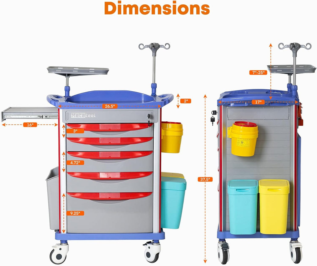 5-Tier Medical Cart with Wheels, Hospital Emergency Rolling Crash Carts with Adjustable IV Pole, Cardiac Board, O2 Holder, Power Strip, Trash Bin - Ideal Nursing Cart for Clinics, Hospitals