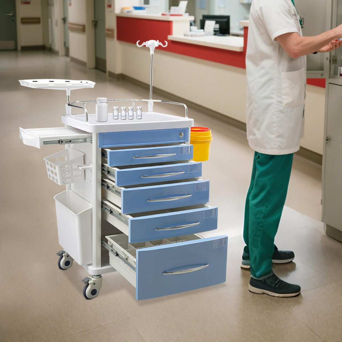 Medical Rolling Crash Cart, Medical Trolley 5 Drawers and Power Strip, Mobile Medical Cart for Clinic, Hospital, Nursing Center, Lockable Storage, Safety Retention Straps, Tag Slots (Blue)