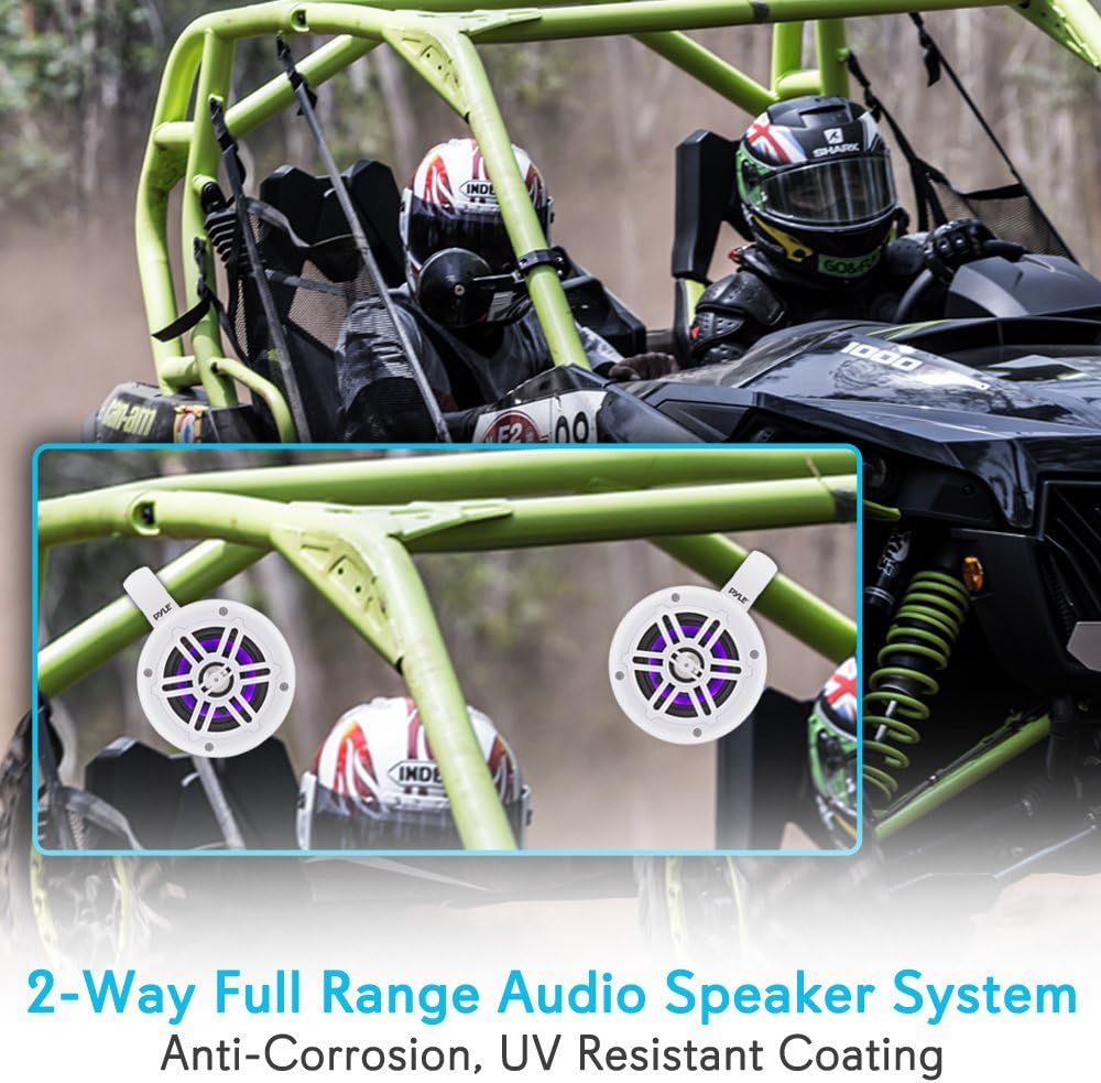 Pyle Waterproof Marine Wakeboard Tower Speakers - 4in Dual Subwoofer Speaker Set w/LED Lights & Bluetooth for Wireless Music Streaming - Boat Audio System w/Mounting Clamps PLMRLEWB47WB (White)