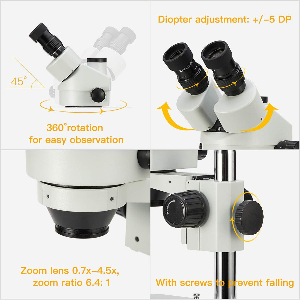 SWIFT Trinocular Stereo Zoom Microscope with 56-Bulb LED Ring Light,3.5X-90X Magnification,WF10X Eyepieces,0.7X-4.5X Zoom Objective, 0.5X 2.0X Additional Objectives,Table Pillar Stand